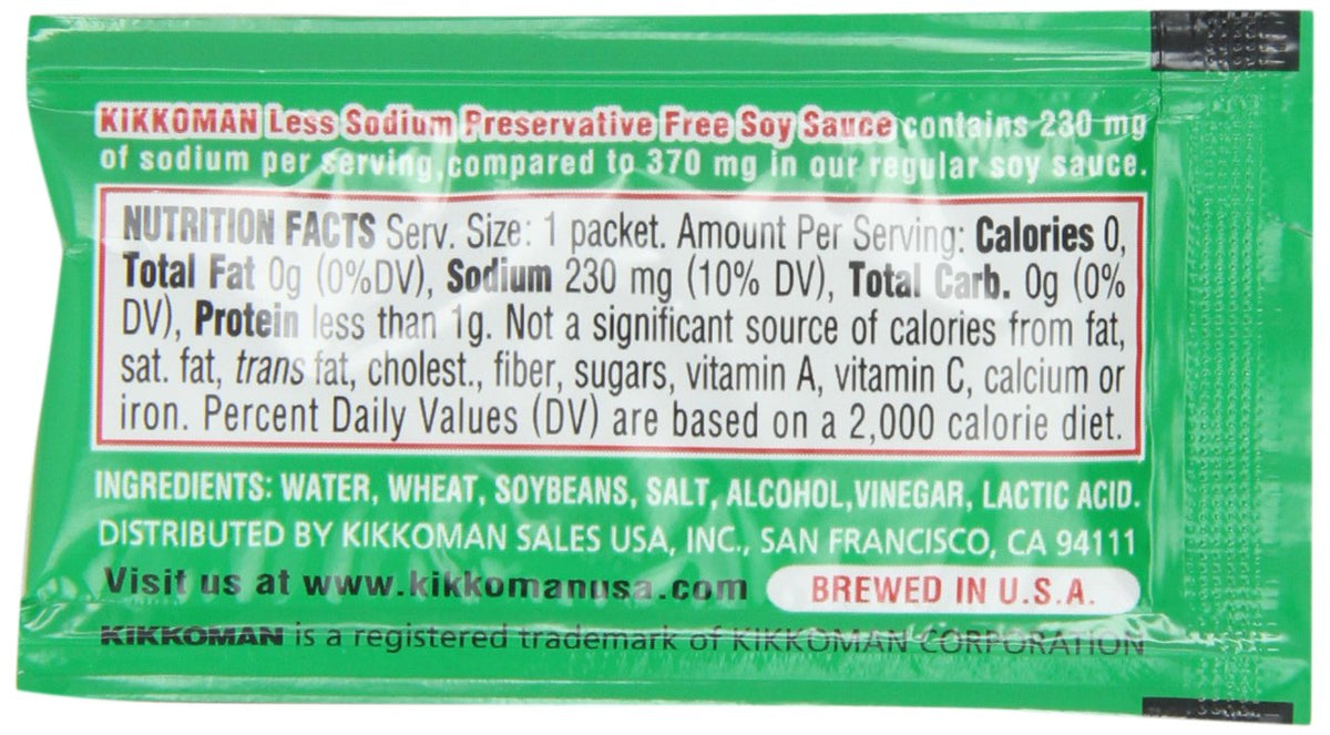 Kikkoman Less Sodium soy sauce packets being poured, ideal for measured, flavorful add-ons.