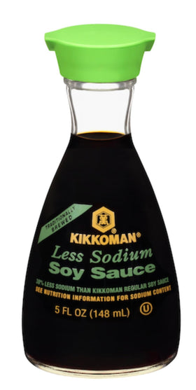 Kikkoman Less Sodium Soy Sauce pour bottle highlighting steady pours and mess-free use.