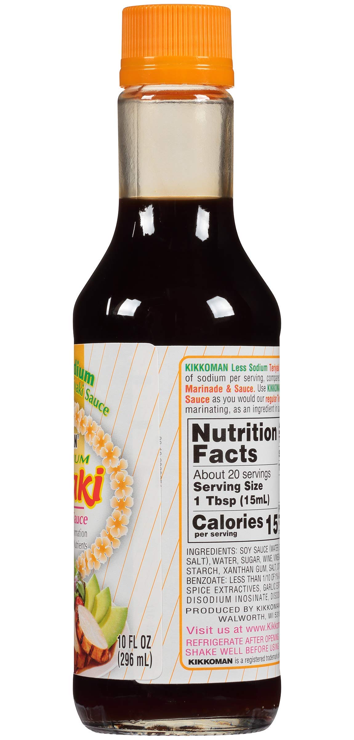Kikkoman Less Sodium Teriyaki Sauce bottle back with kosher certification and info