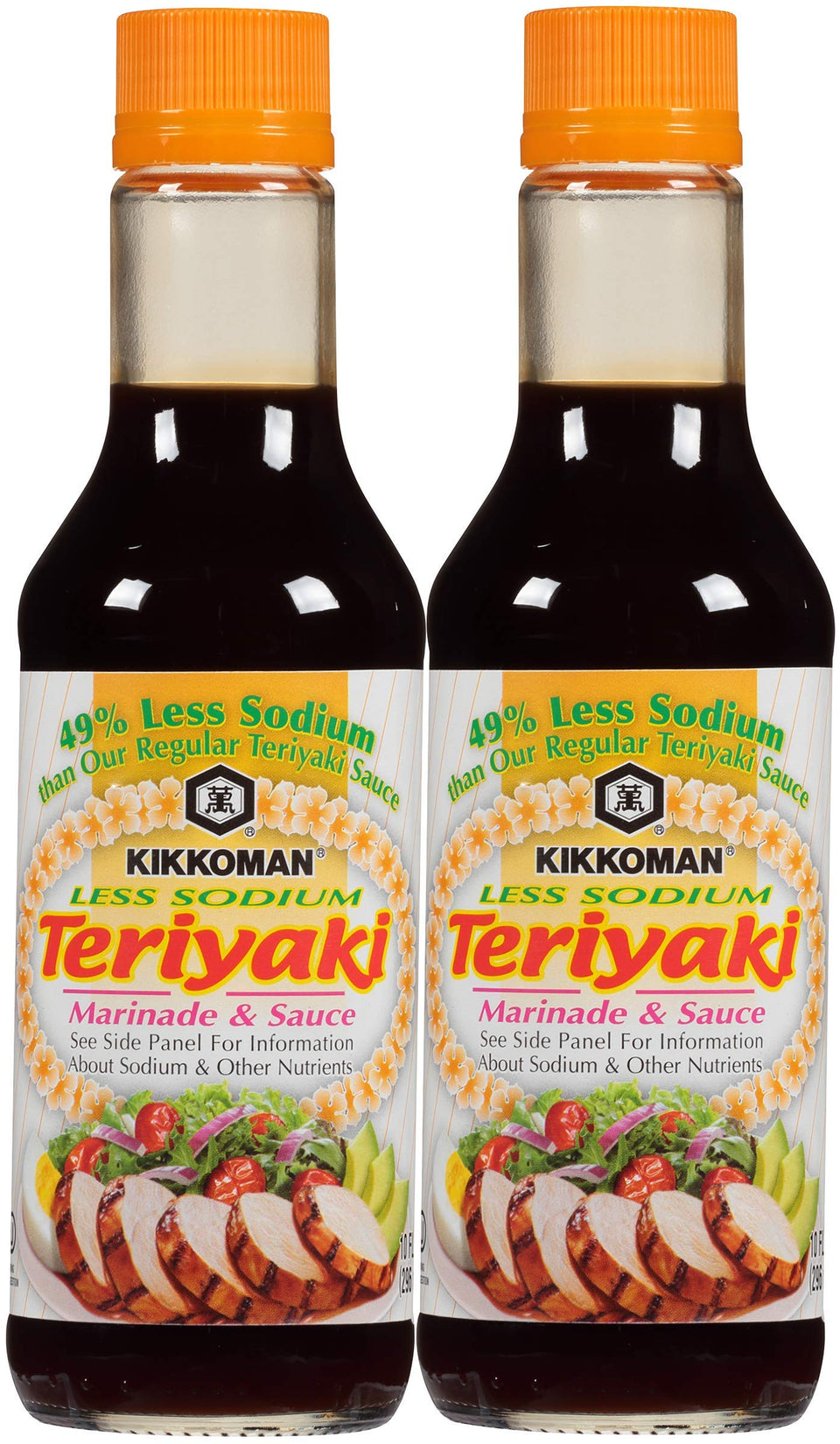 Kikkoman Less Sodium Teriyaki Sauce bottle front view for quick weeknight marinades
