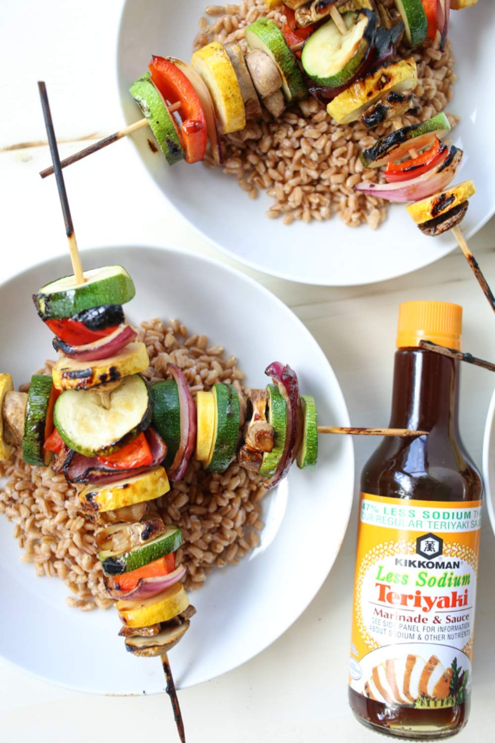 Ingredients panel of Kikkoman Less Sodium Teriyaki Sauce with soy, wine, spices