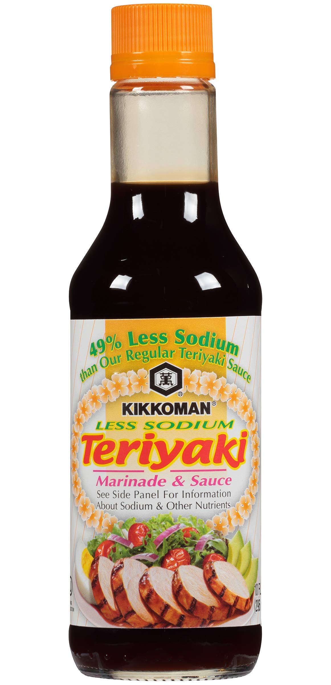 Kikkoman Less Sodium Teriyaki Sauce label close-up highlighting reduced-sodium formula