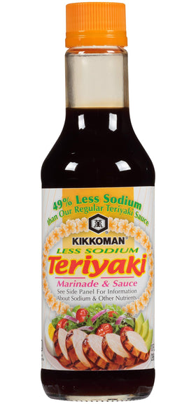 Kikkoman Less Sodium Teriyaki Sauce label close-up highlighting reduced-sodium formula