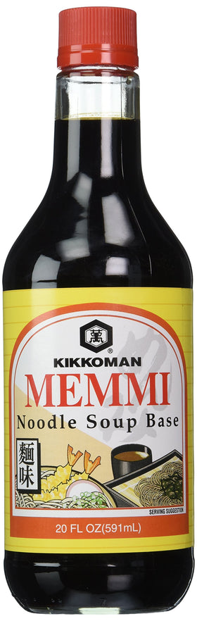 Kikkoman Memmi Sauce bottle showing restaurant-style broth base for soups and dipping sauces
