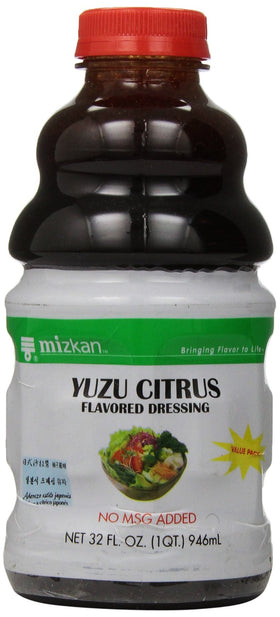 Kikkoman Mizkan Yuzu Dressing bottle pouring over salad for bright citrus flavor