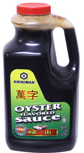 Kikkoman Oyster Flavored Sauce Green Label 5 lb bottle ready for stir-fries.