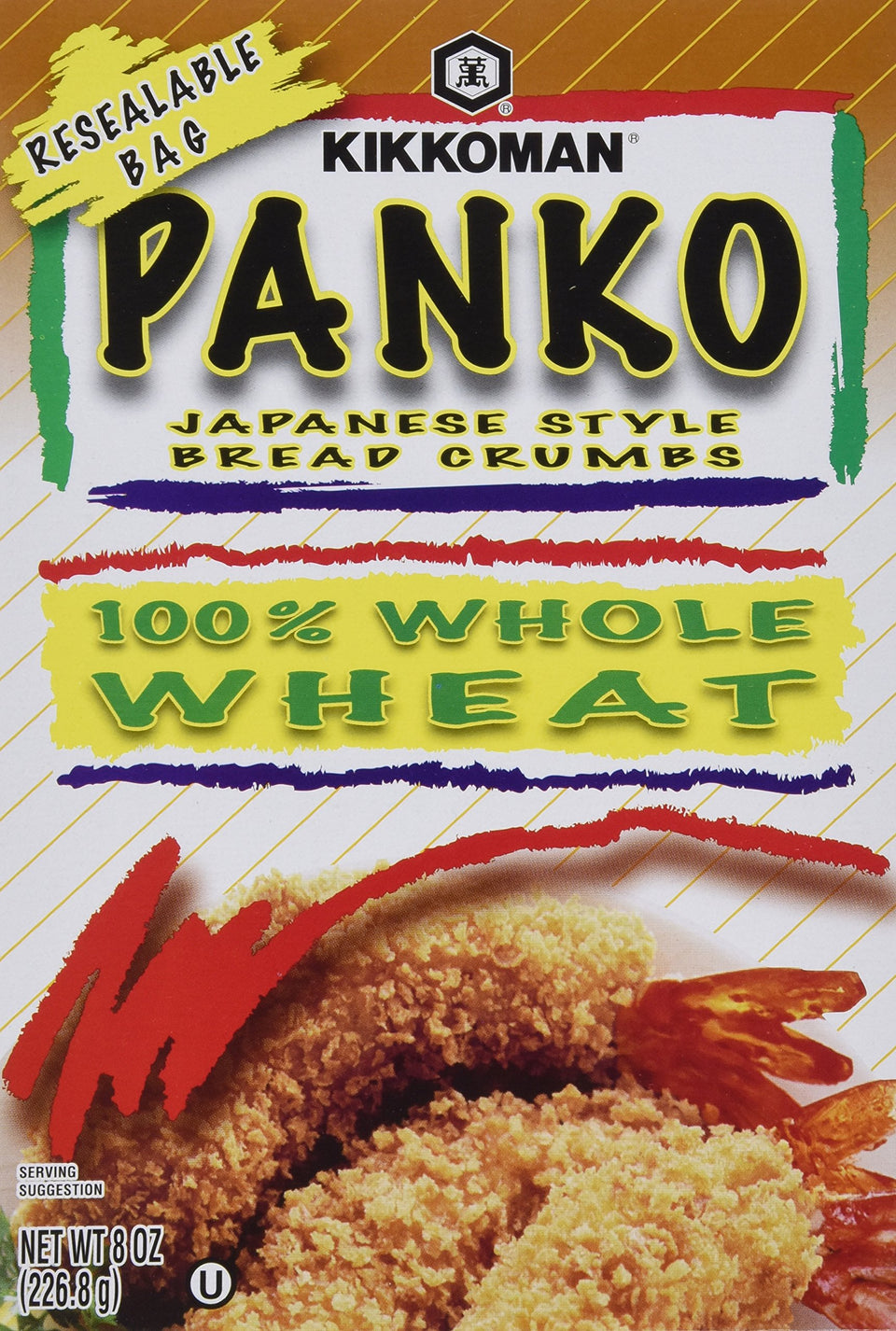 Kikkoman Panko Whole Wheat breadcrumbs four-pack box front, ideal for light, crispy coatings