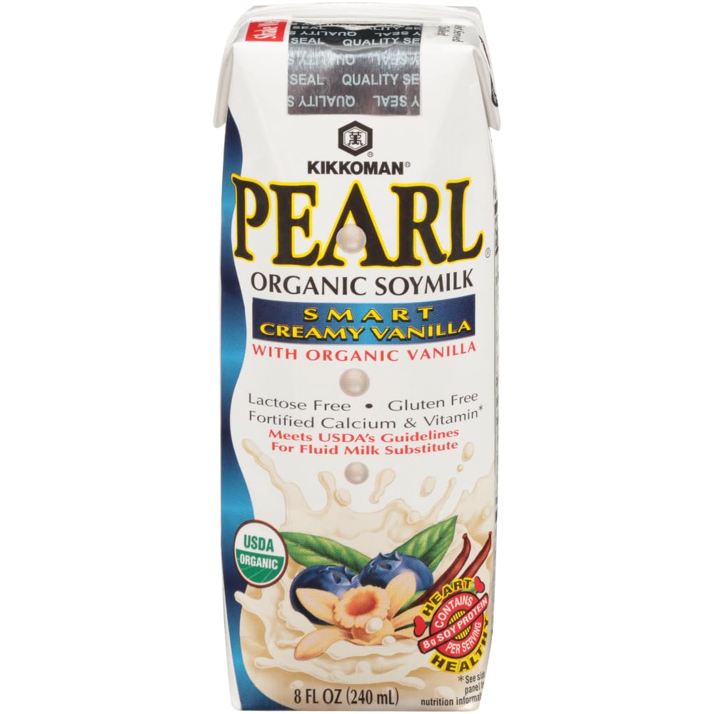 Kikkoman Pearl Organic Smart Creamy Vanilla Soymilk on kitchen shelf for everyday use.