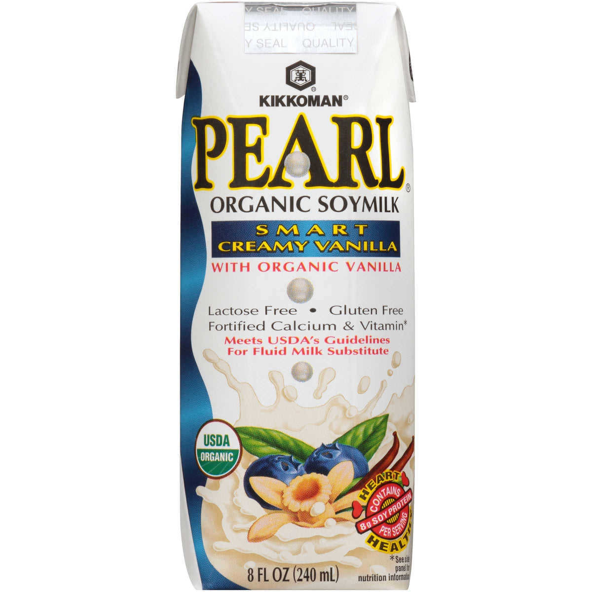 Kikkoman Pearl Organic Smart Creamy Vanilla Soymilk nutrition label shows gluten-free claim.