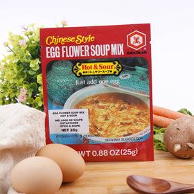 Final ready to serve bowl of Kikkoman Soup Egg Flower Hot Sour.