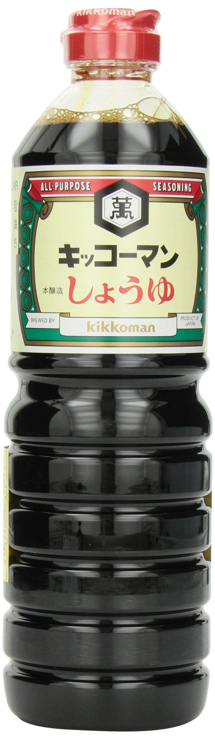 Kikkoman soy sauce bottle closeup showing rich color and depth