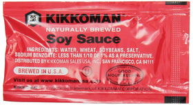 Kikkoman soy sauce packets 100-count box displayed for bulk use.