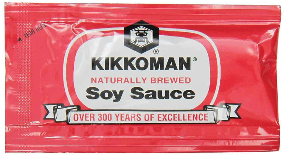 Kikkoman soy sauce packets 6 ml in a 100-count box for convenient meal prep.