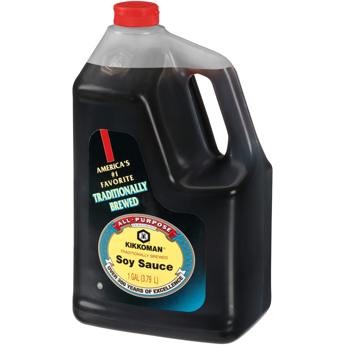 Pour shot of Kikkoman soy sauce highlighting rich color for marinades.