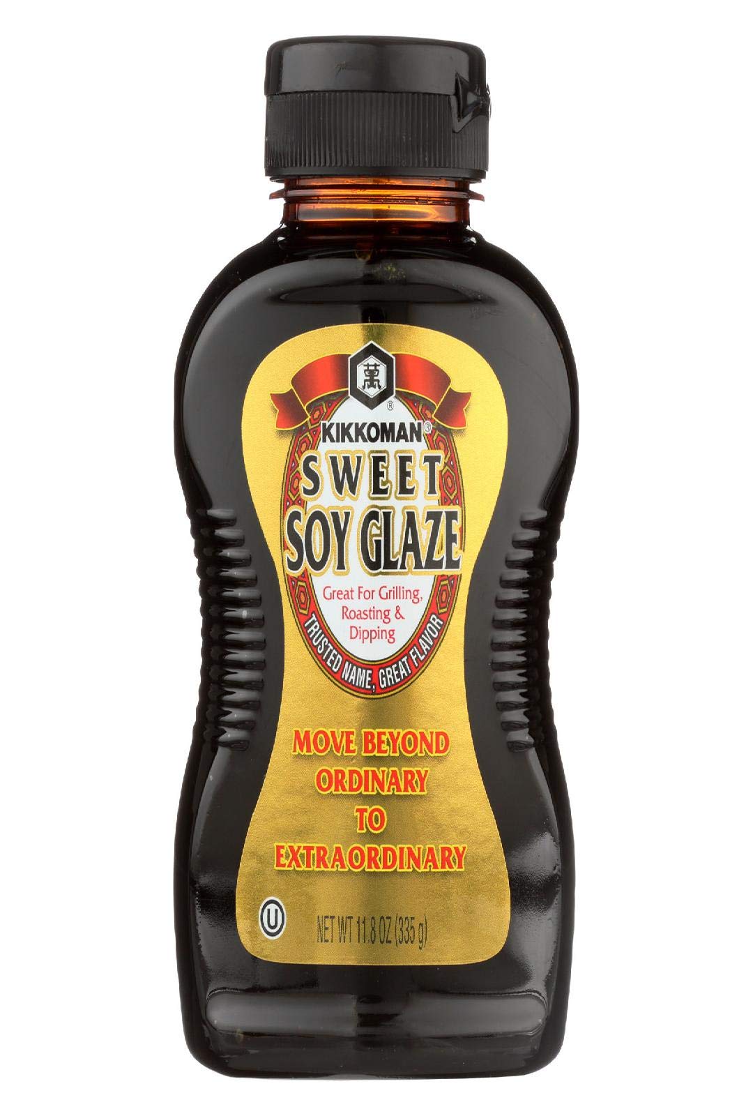 Kikkoman Sweet Soy Glaze bottle with a glossy finish for grilling meats and veggies.