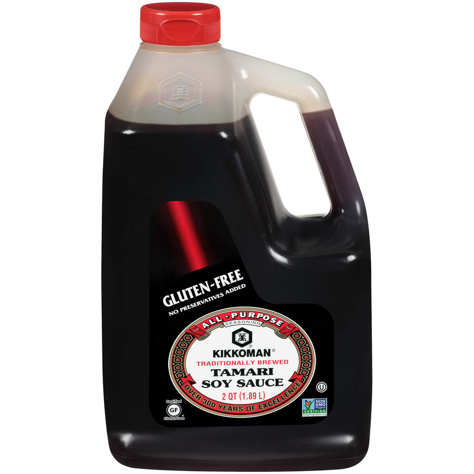 Kikkoman Tamari gluten free soy sauce bottle poured for glaze and dipping.