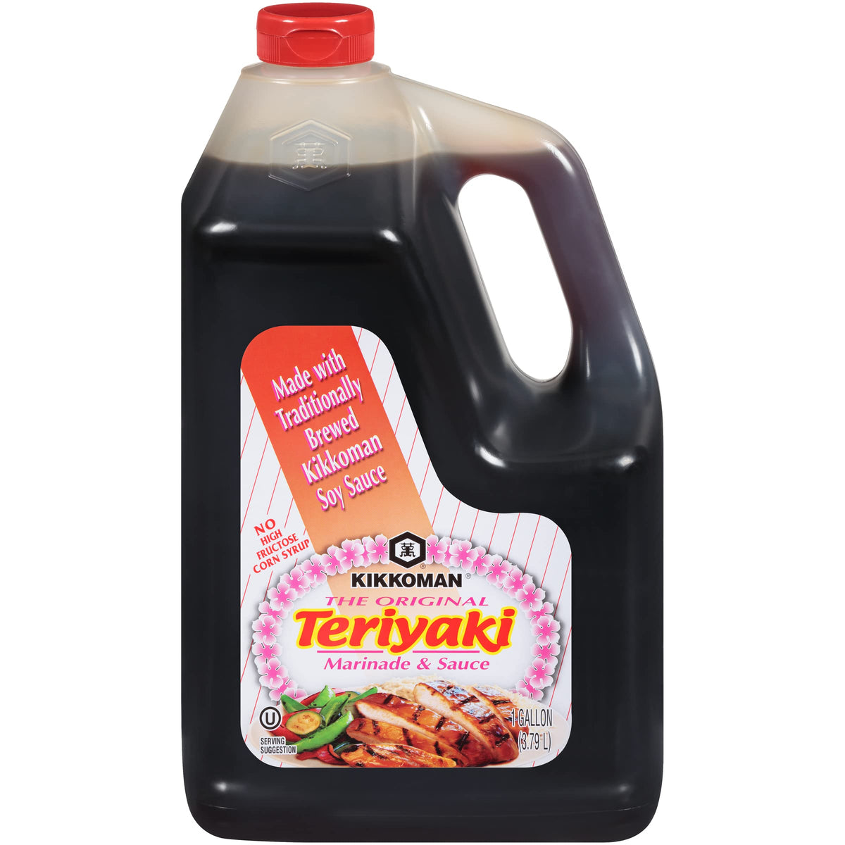 Pouring Kikkoman Teriyaki Marinade glaze over grilled chicken for a glossy finish.
