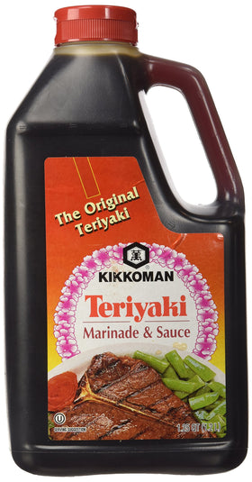 Kikkoman teriyaki marinade bottle ready for glaze on grilled meals