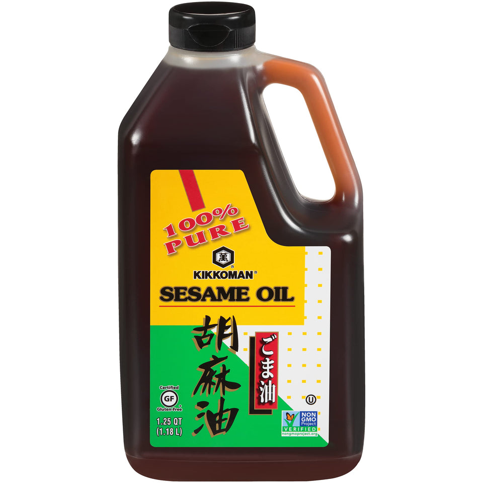 Kikkoman toasted sesame oil bottle on the kitchen counter ready for versatile cooking.