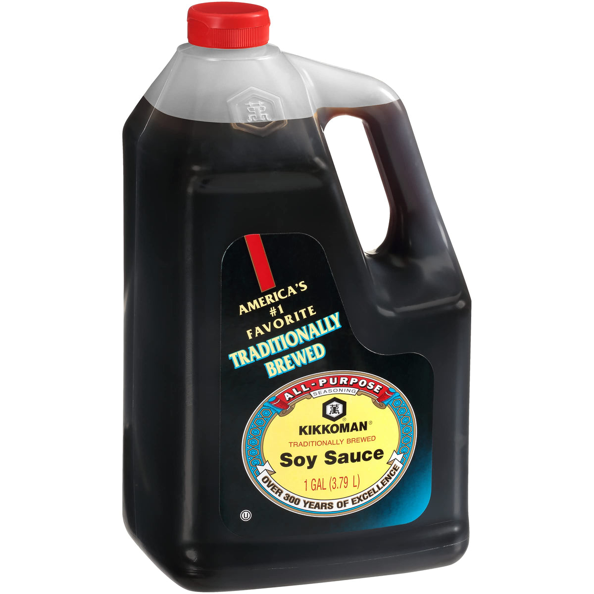 Kikkoman traditionally brewed soy sauce bottle closeup showing authentic flavor enhancement for meals.