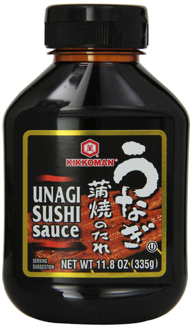 Kikkoman Unagi Sushi Sauce bottle pour adds rich glaze to homemade sushi.