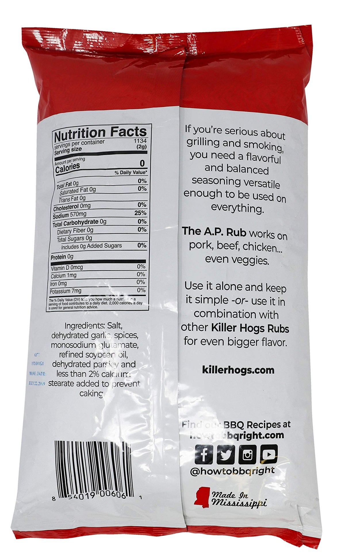 Killer Hogs AP Seasoning bottle back shows usage tips and USA-made promise.