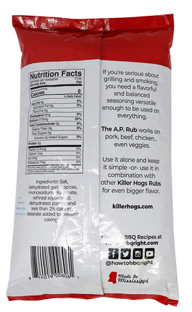 Killer Hogs AP Seasoning bottle back shows usage tips and USA-made promise.