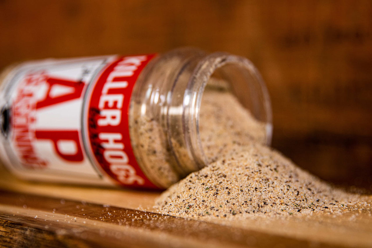 Killer Hogs AP Seasoning label closeup highlights salt pepper garlic balance.