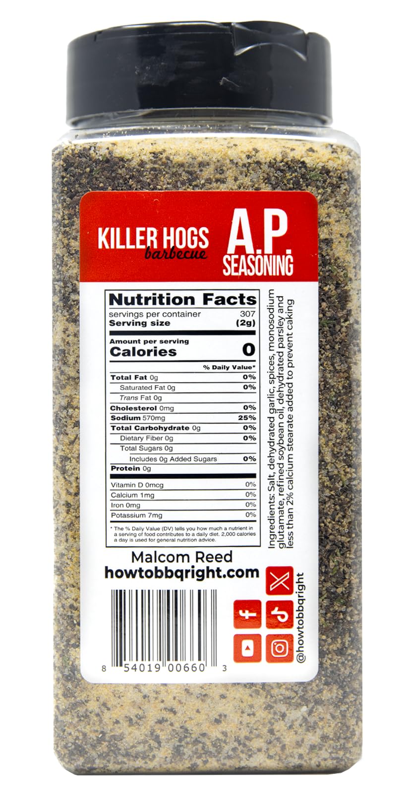 Killer Hogs AP Seasoning shaker top view shows even coverage for burgers and veggies