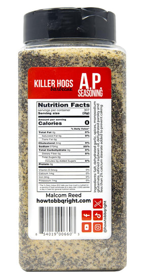 Killer Hogs AP Seasoning shaker top view shows even coverage for burgers and veggies