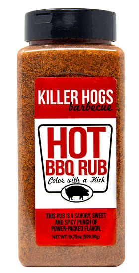 Killer Hogs HOT BBQ Rub bottle front—premium seasoning for rich, consistent flavor.