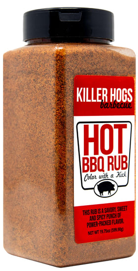 Killer Hogs HOT BBQ Rub packaging—trusted championship seasoning from a renowned team.