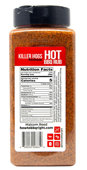 Killer Hogs HOT BBQ Rub sprinkling bowl—even coverage for beef and burgers.