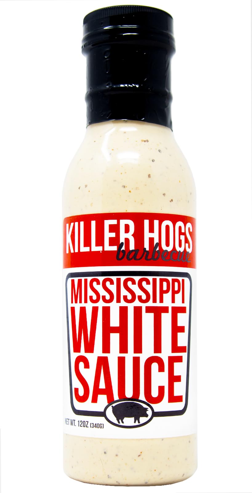 Killer Hogs Mississippi White Sauce bottle pouring, creamy tangy finish for chicken and pork
