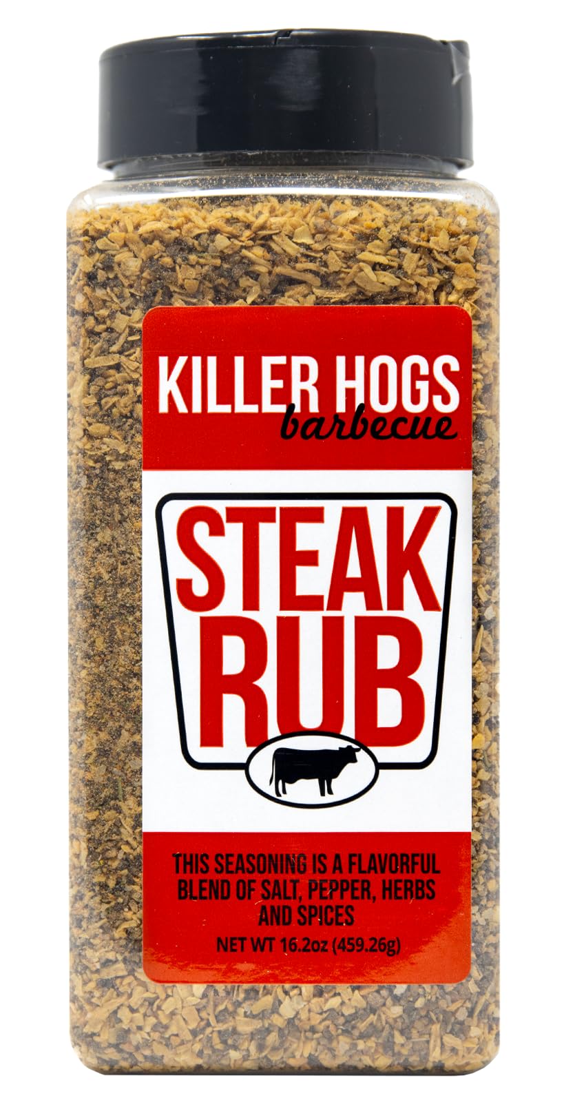 Killer Hogs Steak Rub bottle shows premium beef seasoning for grilling.
