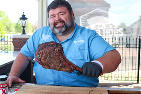 Killer Hogs Steak Rub on pork chops for juicy bites.