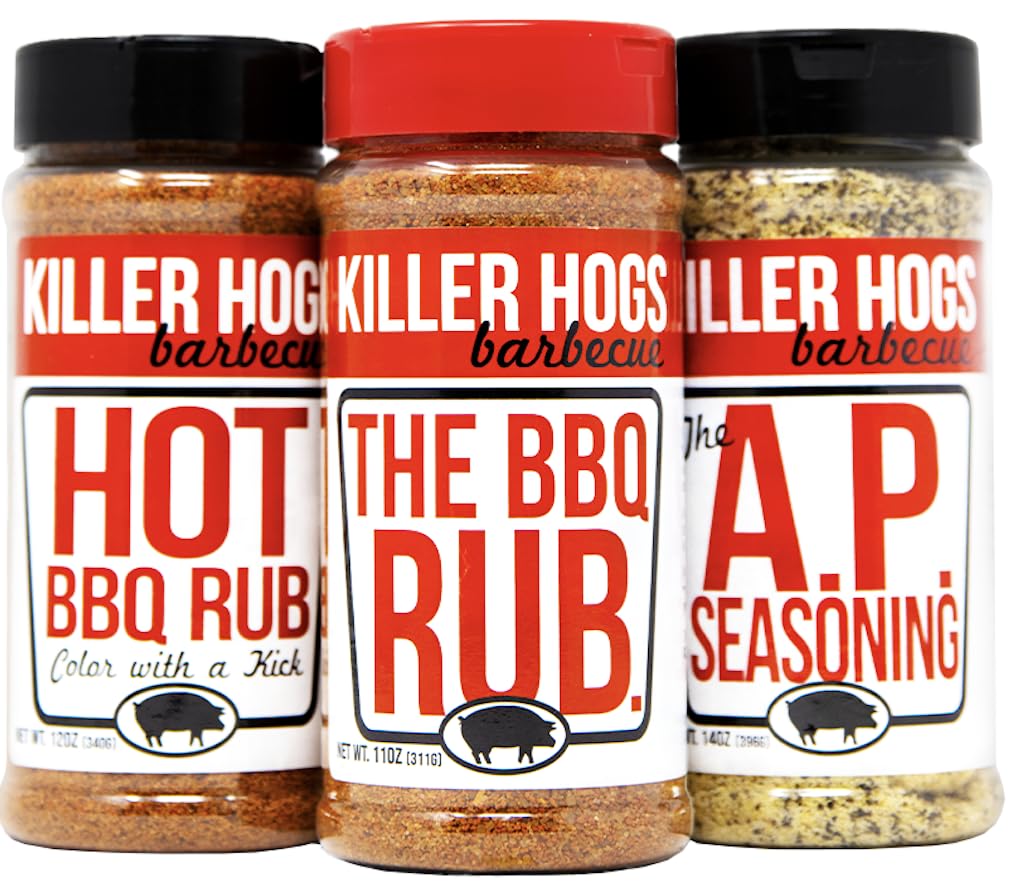 Killer Hogs The BBQ Rub bottle pouring to coat meat evenly and create color