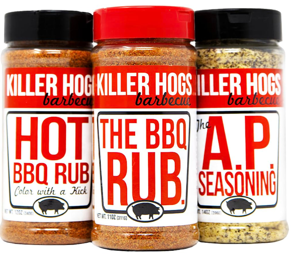 Killer Hogs The BBQ Rub bottle pouring to coat meat evenly and create color