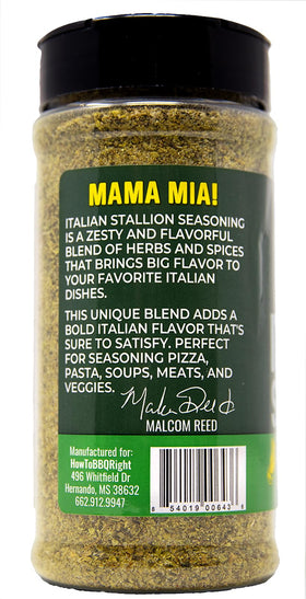 Killer Hogs Italian Stallion on counter ready to sprinkle over sauces and vegetables