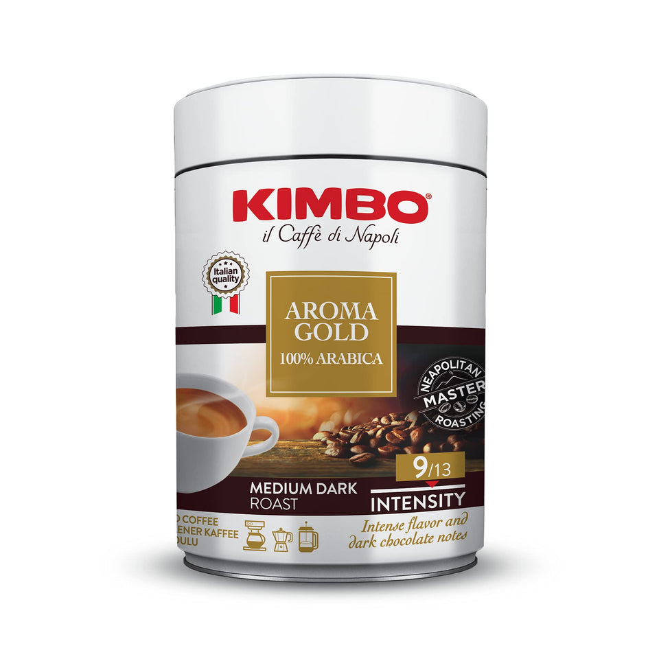 Kimbo Aroma Gold Arabica ground coffee tin showcases premium beans for a bold, balanced cup.