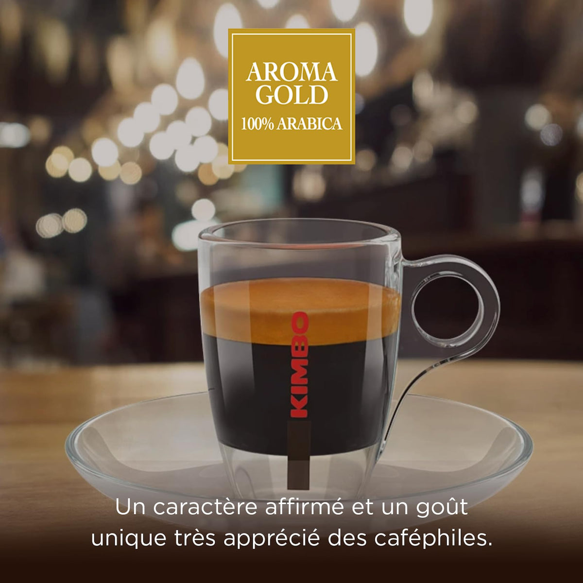 Kimbo Aroma Gold coffee beans close-up highlighting premium Arabica quality.