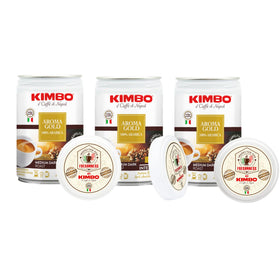 Kimbo Aroma Gold ground coffee can front showcasing packaging and a balanced medium-dark roast.