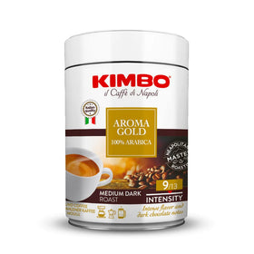 Kimbo Aroma Gold ground coffee tin for bold espresso aroma.