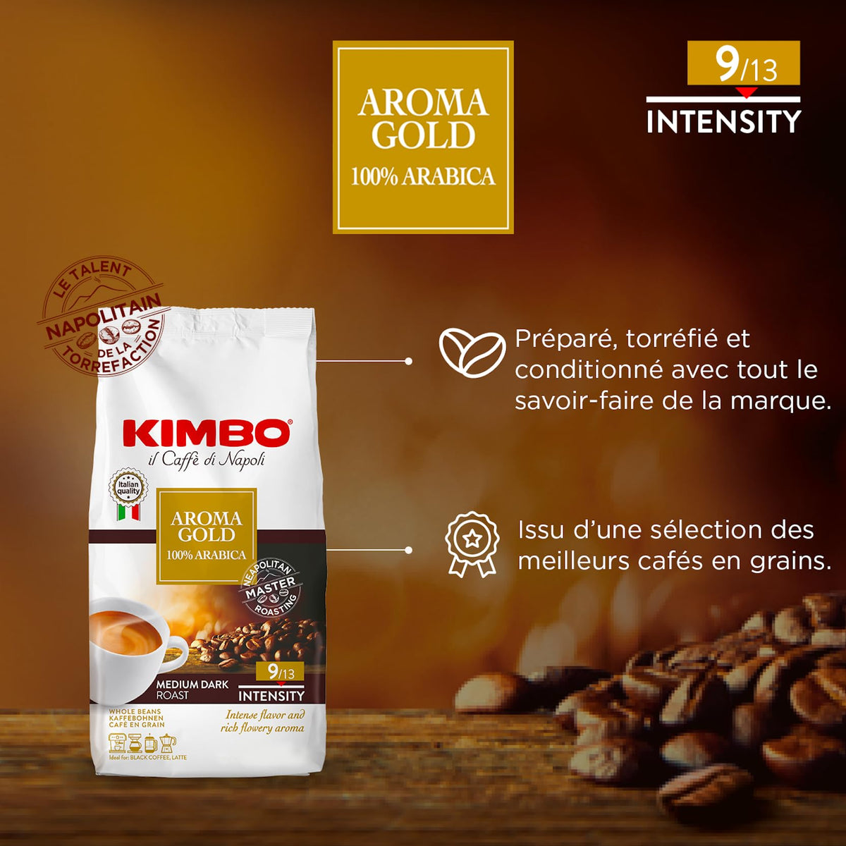 Kimbo Aroma Gold Italian roast beans for a bold, chocolatey daily cup.