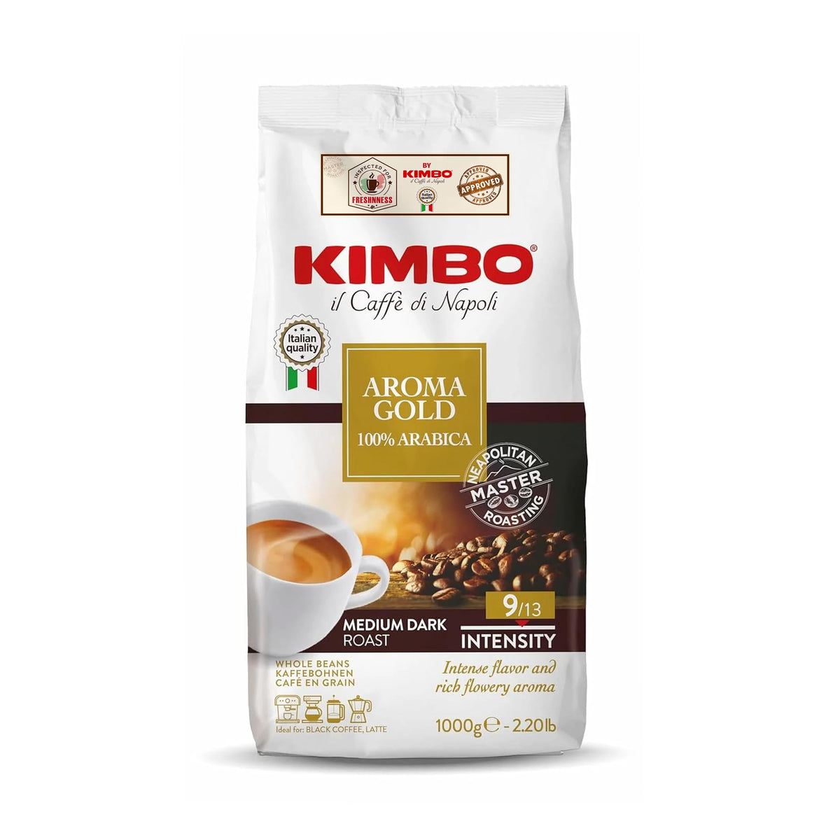 Kimbo Aroma Gold pack shot with premium Arabica blend ready to savor.