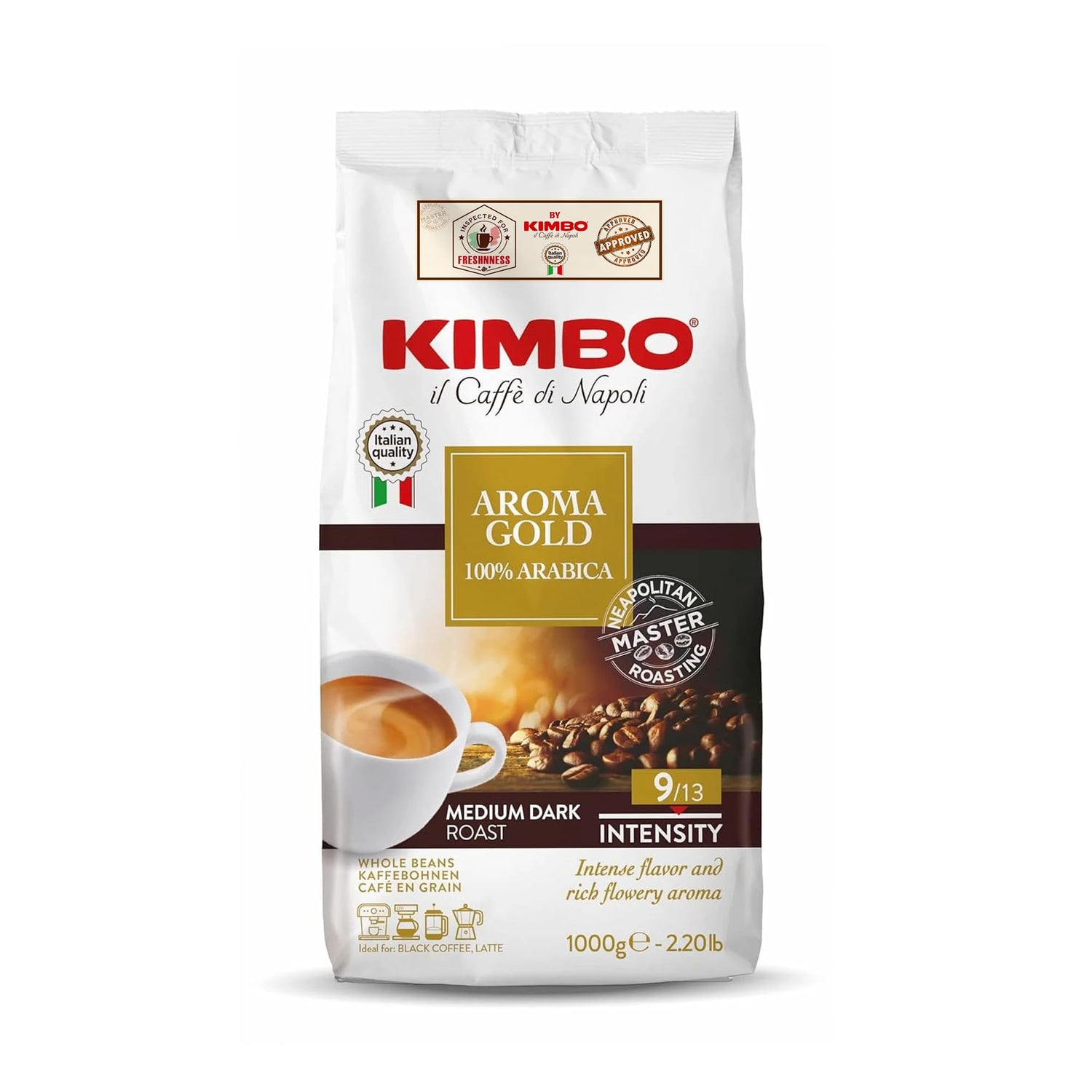Kimbo Aroma Gold pack shot with premium Arabica blend ready to savor.