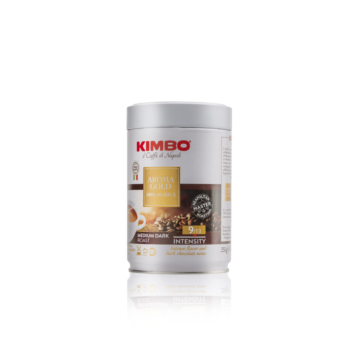 Kimbo Aroma Gold tin close-up highlights rich roast and authentic Italian coffee craft.