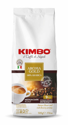 Kimbo Aroma Gold whole bean bag ready to grind for a rich daily aroma.