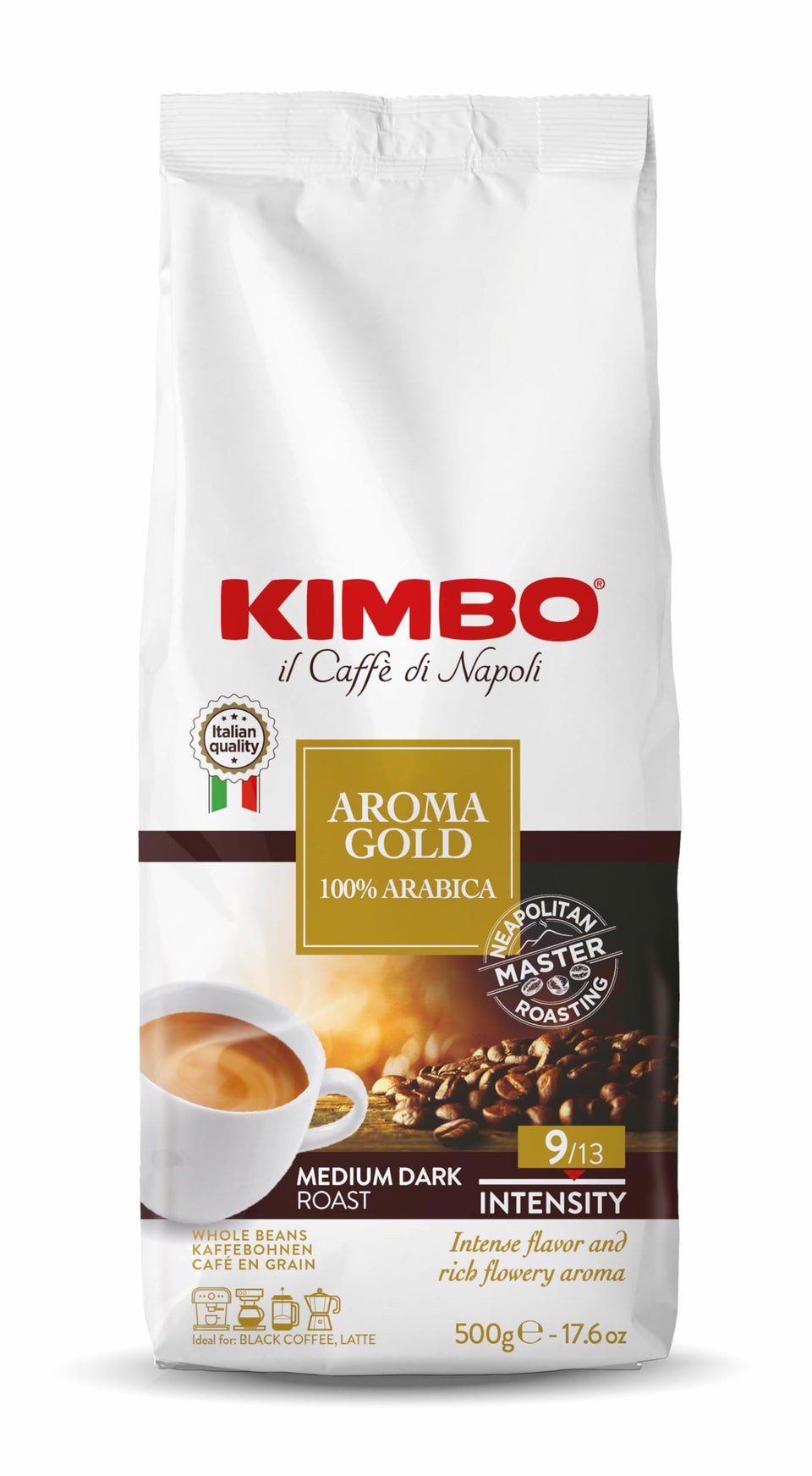 Kimbo Aroma Gold whole bean bag ready to grind for a rich daily aroma.
