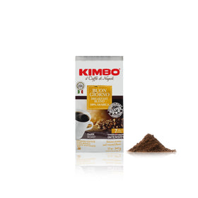Kimbo Buon Giorno Breakfast Blend front bag highlighting premium 100% Arabica for a smooth morning.